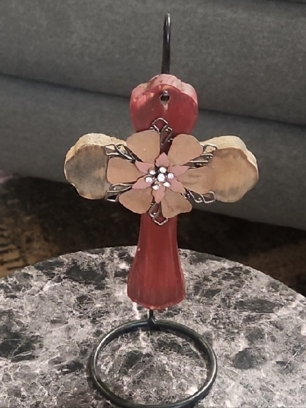 Handcrafted Red Wooden Cross with Floral Accent - Decorative Home Art Sculpture